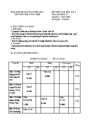 Đề thi cuối học kỳ I môn Lịch sử 8 - Năm học 2021-2022